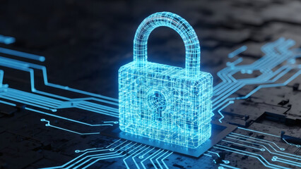 Secure Digital Data Protection and Cybersecurity Concept with a Glowing Padlock on a Circuit Board