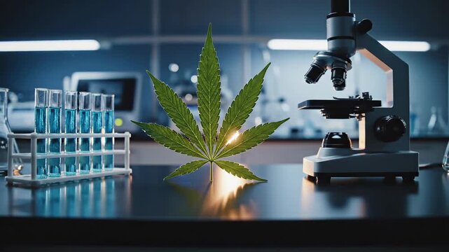 Botanical leaf in science laboratory with test tubes and scientific equipment