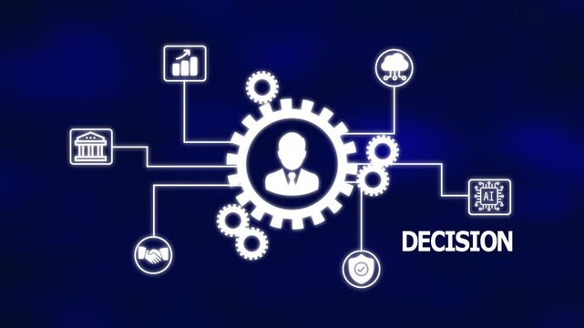 Decision Workflow Diagram Showing Central User Gear System Linked to Strategic Icons Representing Business Choices, Evaluation, Logic Flow, and Organizational Direction.