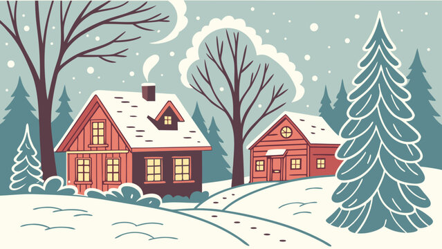 Illustration of two cozy houses in a snowy landscape with trees and falling snowflakes in winter time