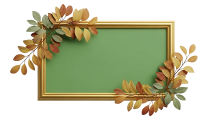 Golden picture frame decorated with autumn leaves isolated on transparent background