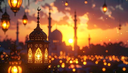 Beautiful Islamic lanterns glowing at sunset with a mosque silhouette in the background, evoking a spiritual and festive atmosphere.