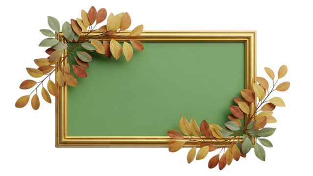 Golden picture frame decorated with autumn leaves isolated on transparent background