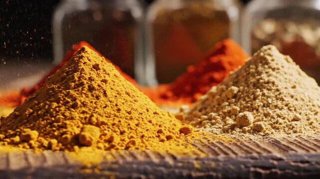 Piles of colorful powdered spices and herbs on wooden surface with sprinkling effect