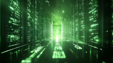 Abstract green light rays form an endless corridor with mirror reflections symbolizing data flow, coding, matrix animation, digital information, and futuristic server technology on a dark gradient bac