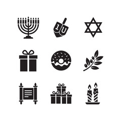 Hanukkah Holiday Icons Set in Black Silhouette