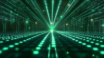 Abstract green light rays form an endless corridor with mirror reflections symbolizing data flow, coding, matrix animation, digital information, and futuristic server technology on a dark gradient bac