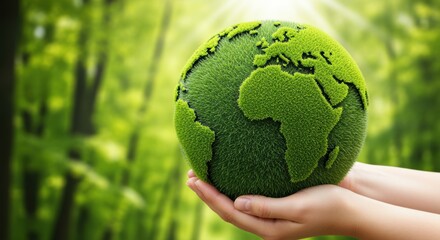 Hands holding a green grass globe symbolizing environmental protection and global sustainability within a blurred lush forest