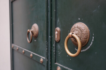 Decorative door knockers adorn a green entrance