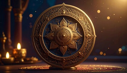 Ornate golden circular emblem with intricate lotus design and traditional patterns, surrounded by warm glowing lights in a festive setting.