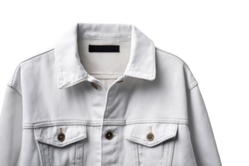 White denim jacket with brass buttons and black label on black background clothing fashion