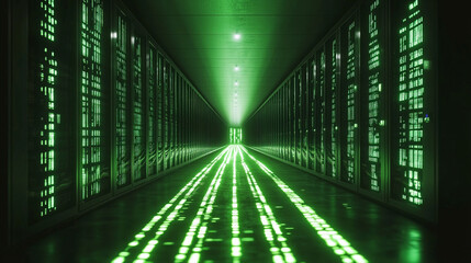 Abstract green light rays form an endless corridor with mirror reflections symbolizing data flow, coding, matrix animation, digital information, and futuristic server technology on a dark gradient bac