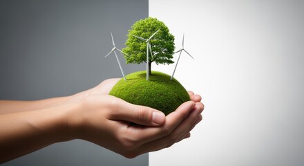 Hands gently hold a verdant sphere with a thriving tree and miniature wind turbines symbolizing ecological balance and clean energy