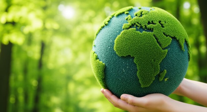 Hands gently hold a textured globe with grassy continents against a bright green bokeh background conveying environmental stewardship