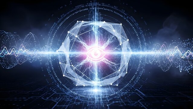 Futuristic data analysis with glowing eye and digital wave patterns for innovative technology solutions and advanced AI applications in cybersecurity
