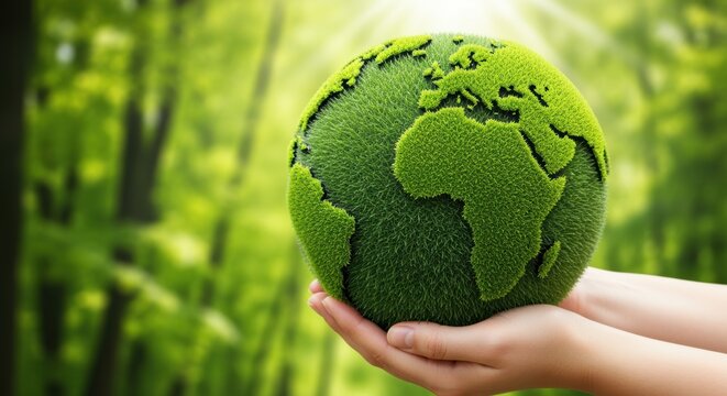 Hands holding a green grass globe symbolizing environmental protection and global sustainability within a blurred lush forest