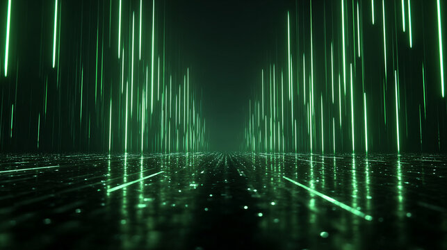Abstract green light rays form an endless corridor with mirror reflections symbolizing data flow, coding, matrix animation, digital information, and futuristic server technology on a dark gradient bac - Powered by Adobe