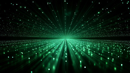 Abstract green light rays form an endless corridor with mirror reflections symbolizing data flow, coding, matrix animation, digital information, and futuristic server technology on a dark gradient bac
