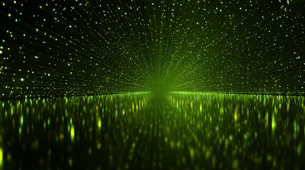 Abstract green light rays form an endless corridor with mirror reflections symbolizing data flow, coding, matrix animation, digital information, and futuristic server technology on a dark gradient bac