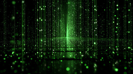 Abstract green light rays form an endless corridor with mirror reflections symbolizing data flow, coding, matrix animation, digital information, and futuristic server technology on a dark gradient bac