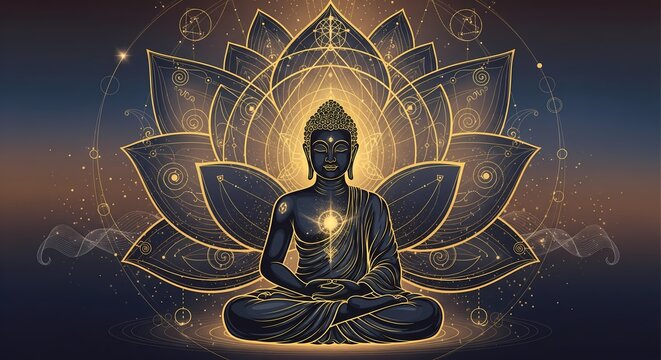 Serene Buddha meditating amidst a radiant lotus mandala - Powered by Adobe