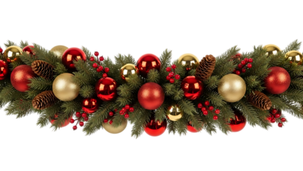 Festive christmas garland with red and gold ornaments isolated on transparent background