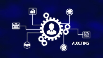 Digital auditing visualization featuring gear network, compliance icons, financial inspection elements, operational verification and structured business evaluation.