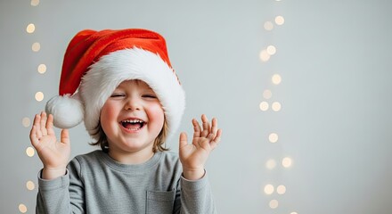 Happy child in Santa hat laughing joyfully, perfect Christmas holiday delight