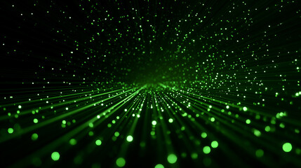 Abstract green light rays form an endless corridor with mirror reflections symbolizing data flow, coding, matrix animation, digital information, and futuristic server technology on a dark gradient bac