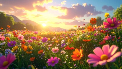 A vibrant field of colorful wildflowers blooming under a warm golden sunset with mountains in the distance, creating a serene natural landscape.