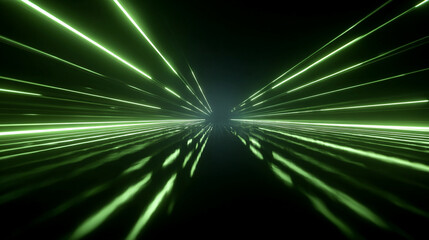 Abstract green light rays form an endless corridor with mirror reflections symbolizing data flow, coding, matrix animation, digital information, and futuristic server technology on a dark gradient bac