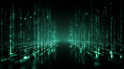 Abstract green light rays form an endless corridor with mirror reflections symbolizing data flow, coding, matrix animation, digital information, and futuristic server technology on a dark gradient bac