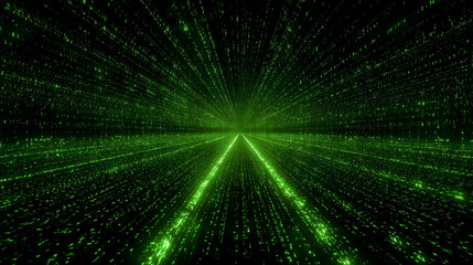 Abstract green light rays form an endless corridor with mirror reflections symbolizing data flow, coding, matrix animation, digital information, and futuristic server technology on a dark gradient bac