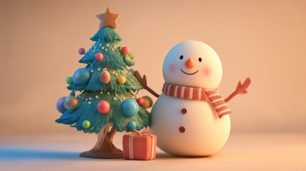 Cheerful snowman with a colorful Christmas tree, gifts, and decorations in a festive winter setting