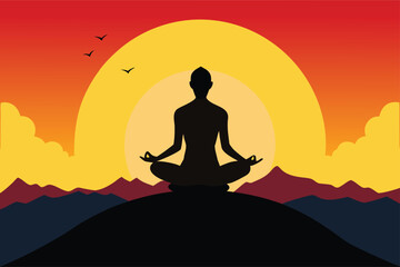 Find your inner peace with stunning meditation silhouette against a vibrant sunset over mountain landscape, perfect for wellness and mindfulness promotions