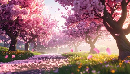 A serene path winding through a vibrant cherry blossom grove with pink petals falling and scattered on the ground, bathed in warm sunlight.