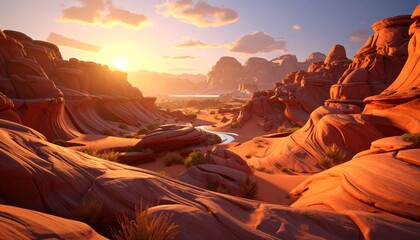 Golden hour light illuminates a winding river through a majestic desert canyon landscape with towering rock formations and distant mountains.