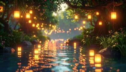 A magical forest river illuminated by numerous glowing lanterns hanging from trees and floating on the water, creating a serene and enchanting scene.