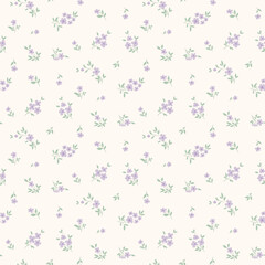 Flower pattern, floral seamless pattern, cottagecore ditsy tile print, gentle meadow flower on light background. Small hand draw flower, purple color, design for fashion, texture, fabric, wallpaper
