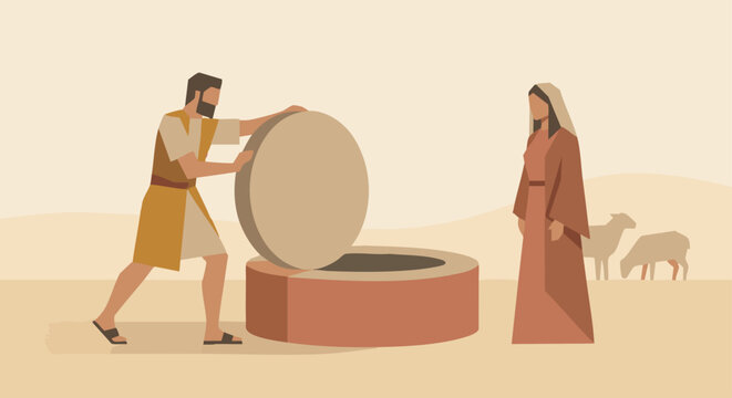 Jacob Rolls the Stone from the Well
Bible Story
Jacob pushing the stone cover from the well while Rachel watches,