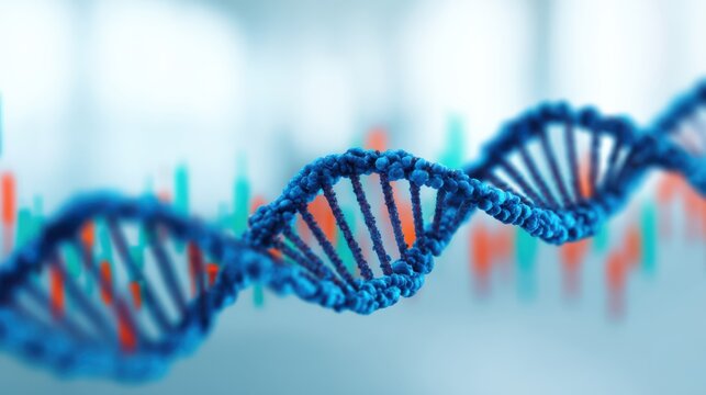 A close-up view of a DNA double helix with a colorful digital background, representing genetic science and technology.