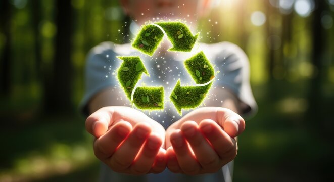 Child holds a vibrant green recycle symbol promoting environmental sustainability and a greener future