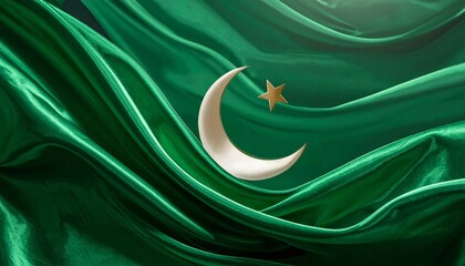 A flowing green flag with a white crescent moon and golden star, symbolizing national identity or religious heritage.