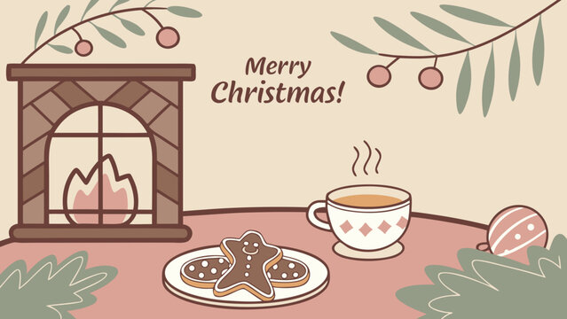 A cozy christmas scene with a fireplace, gingerbread cookies, and a warm cup of tea on the table top