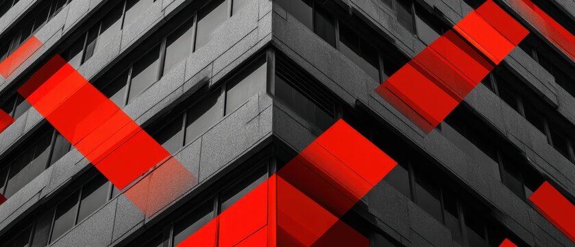 Modern office building facade with geometric black glass windows and bold red accents