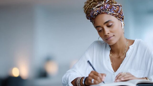 Solitude and Creation: A woman engrossed in the act of writing, her focused gaze and gentle demeanor reflecting deep thought and inspiration. 