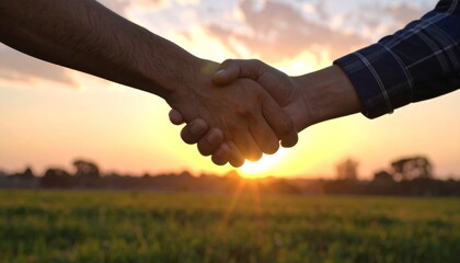 Two people shaking hands in a field at sunset, symbolizing agreement and partnership.