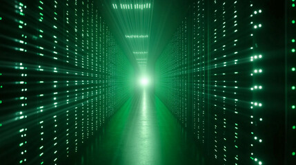 Abstract green light rays form an endless corridor with mirror reflections symbolizing data flow, coding, matrix animation, digital information, and futuristic server technology on a dark gradient bac