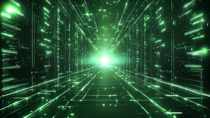 Abstract green light rays form an endless corridor with mirror reflections symbolizing data flow, coding, matrix animation, digital information, and futuristic server technology on a dark gradient bac