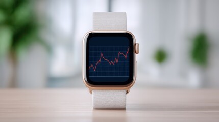 A sleek smartwatch displays a stock market graph against a blurred background, symbolizing modern technology and financial monitoring.